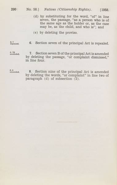 Page 3 of 3  Natives (Citizenship Rights) Act Amendment Act, 1958, Western Australia. An Act to amend the Natives (Citizenship Rights) Act, 1944-1951. Assented to 23 December 1958.