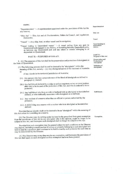 Page 6 of 21  Queensland, The Aboriginals Preservation and Protection Acts, 1939 to 1946, and Regulations with an Index (compiled to 31 August 1955).   An Act to consolidate and amend the law relating to the preservation and protection of Aboriginals, and for other purposes. Assented to 12 October 1939.