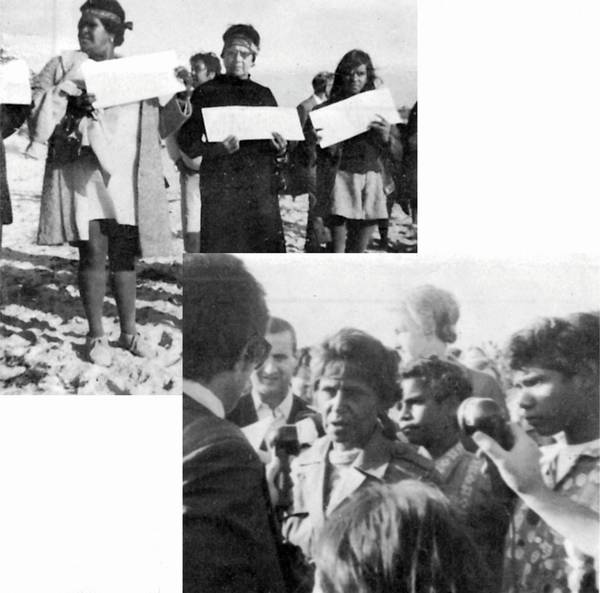 (Top) Eleanor Harding, Geraldine Briggs and Margaret Jones protesting at La Perouse. (Bottom) Kath Walker faces the press at La Perouse.