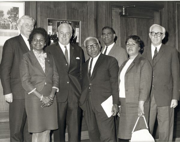 Left to right: Gordon Bryant MHR, Faith Bandler, Prime Minister Harold Holt, Pastor Doug Nicholls, Harry Penrith, Winnie Branson, William Wentworth, MHR.