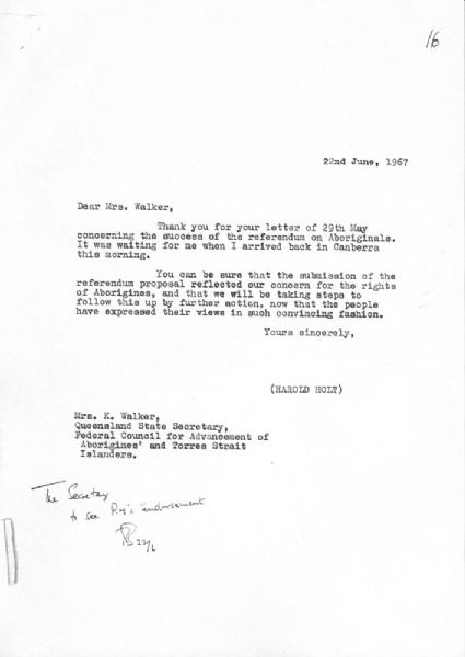 Letter from Harold Holt to Kath Walker, June 1967