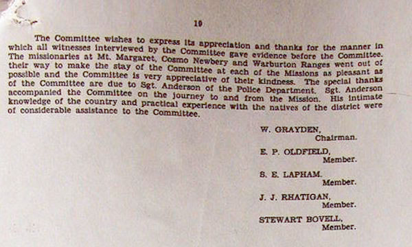 Page 16 of 16  The Report of the Select Committee appointed to enquire into Native Welfare Conditions in the Laverton-Warburton Range Area was presented by William Grayden on 12 December 1956. It was commonly referred to as the 'Grayden Report'.