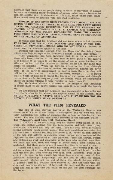 Page 4 of 6  This leaflet was produced by the Women's Christian Temperance Union to refute Rupert Murdoch's misrepresentation of conditions in the Warburton Ranges in 1957 which was published in his newspaper.
