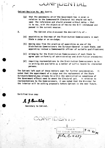 Page 2 of 2 (note pages 1-19 are related documents)  Confidential Cabinet Minute, Canberra, 7 April 1965 Decision no. 841 Constitutional amendments and amendments of the Commonwealth Electoral Act