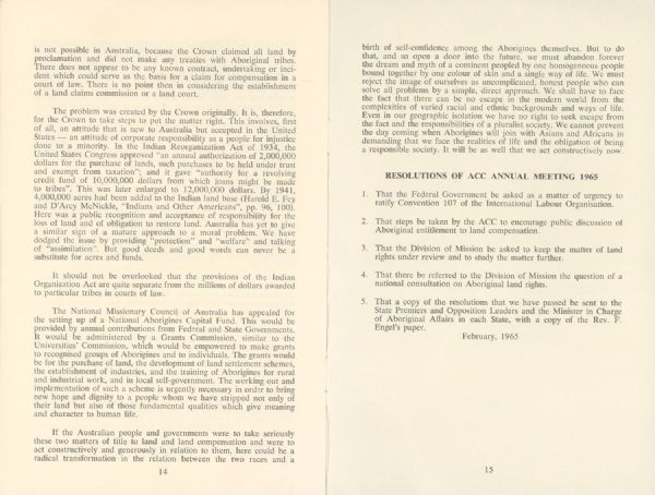 Page 8 of 8  Frank Engel, General Secretary of the Australian Council of Churches, set out the main arguments for land rights in this pamphlet.