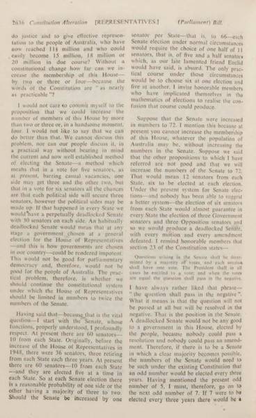 Page 2 of 6  Parliamentary debates, Constitution Alteration Bill (Parliament) 1965 and Constitution Alteration Bill (Repeal of Section 127) Bill 1965. Robert Menzies, Second Reading speech, House of Representatives, 11 November 1965.