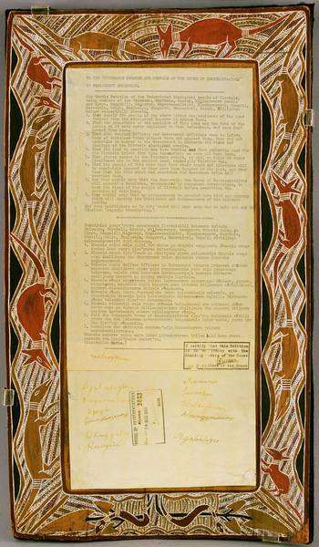 Page 1 of 2  This petition is from representatives of Yirrkala clans concerning proposed mining of their traditional lands. This version of the Bark Petition contains a copy of the petition. The original petition is in storage to prevent the signatures from fading.