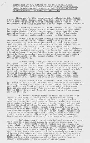 Page 1 of 3  Shirley Andrews' speech in May 1963 at a United Nations seminar on police and human rights generated many letters to newspapers.