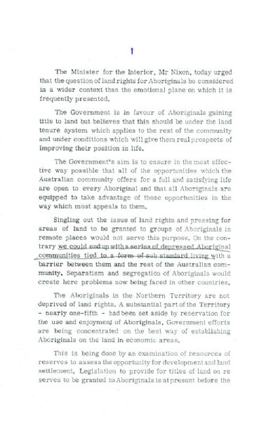 Page 2 of 4  Northern Territory Aboriginal Land Rights, statement by the Minister for the Interior, PJ Nixon, 8 August 1968