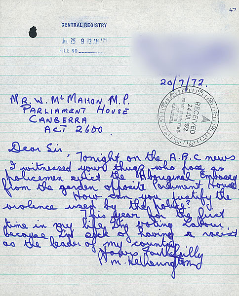 This letter writer announced an intention to vote Labor, describing the Prime Minister William McMahon as a racist.