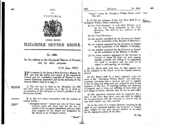 Page 1 of 4  Aborigines Act 1957, Victoria. An Act relating to the Aboriginal Natives of Victoria, and for other purposes.  11 June 1957.