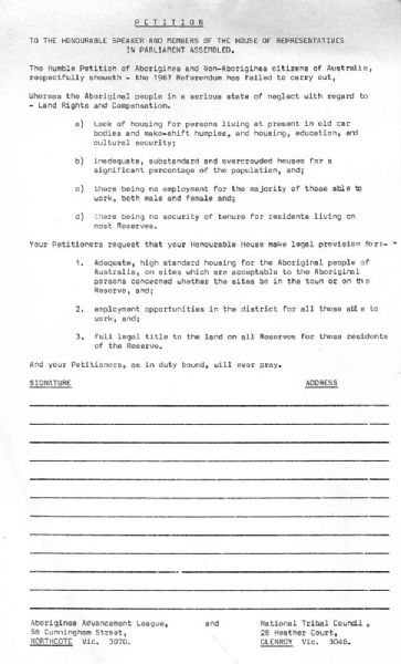 Written most likely in 1971 this petition draws attention to the failure of government to the power granted to it in 1967.