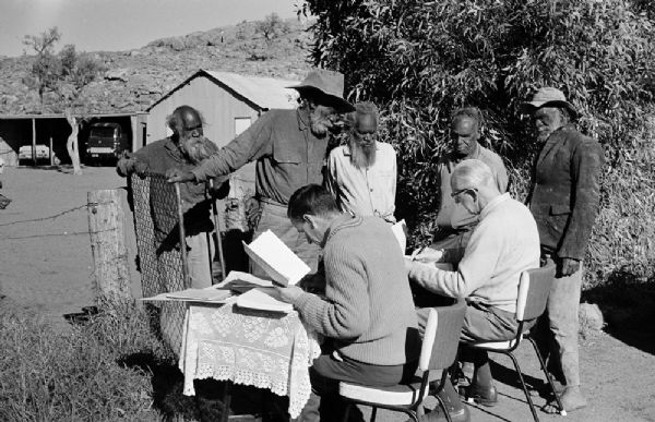 The Australian Bureau of Statistics did gather data from Aboriginal people who lived on reserves, but prior to the 1967 Referendum these numbers were subtracted from the total. Here Bill Edwards and Arch Trickett are officiating. The names of the other men are unknown.
