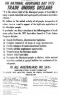 A foolscap-sized poster with the heading: On National Aborigines Day 1972 Trade Unions Declare.