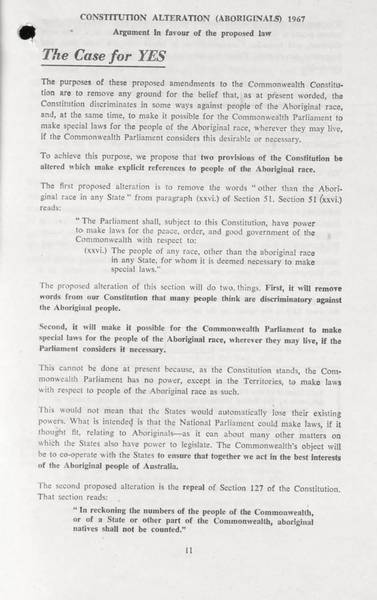 Page 1 of 2  This is the official government argument for a YES vote for the  <em>Constitutional Alteration (Aboriginals) Bill 1967</em>.