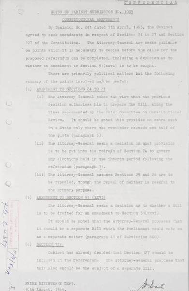 Page 1 of 1 (note pages 1-13 and 15-16 are related documents)  Confidential Notes on Cabinet Submission no. 1009, Prime Minister's Department, 30 August 1965 Constitutional amendments