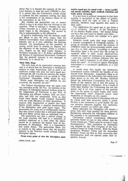 Page 2 of 2  This article is not signed but is most likely by Barry Christophers. It argues that from political, moral, scientific, legal, medical, Christian and trade union points of view Aboriginal workers should receive equal pay.