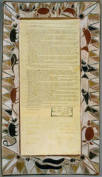 Page 2 of 2  This petition is from representatives of Yirrkala clans concerning proposed mining of their traditional lands. This version of the Bark Petition contains a copy of the petition. The original petition is in storage to prevent the signatures from fading.