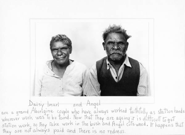 Mary Bennett writes: 'Daisy Imari and Angel are a grand Aborigine couple who have always worked faithfully as stationhands wherever work was to be found. Now that they are ageing it is difficult to get station work, so they take work in the bush and Angel cuts wood. It happens that they are not always paid and there is no redress'.