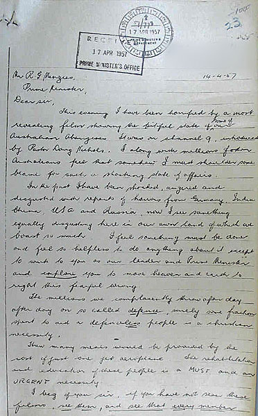 Page 1 of 2  Following the telecast of the Warburton Ranges film under the title <em>Manslaughter</em>, shocked viewers wrote letters such as this one to the Prime Minister and to their local members.