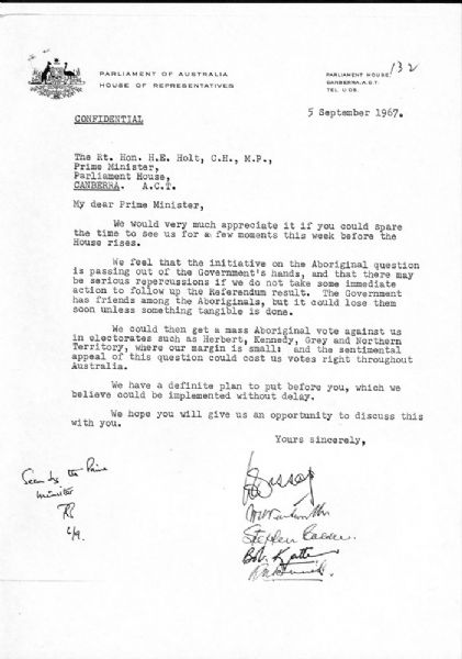 Letter from Queensland Members of Parliament to the Prime Minister, September 1967