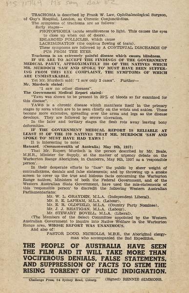 Page 6 of 6  This leaflet was produced by the Women's Christian Temperance Union to refute Rupert Murdoch's misrepresentation of conditions in the Warburton Ranges in 1957 which was published in his newspaper.