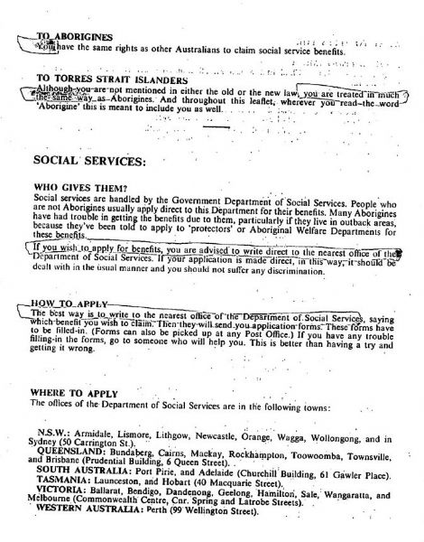 Page 2 of 4  This leaflet was written to inform Aboriginal Australians of their entitlements to social service benefits and how to access them. No Government explanation existed at the time.