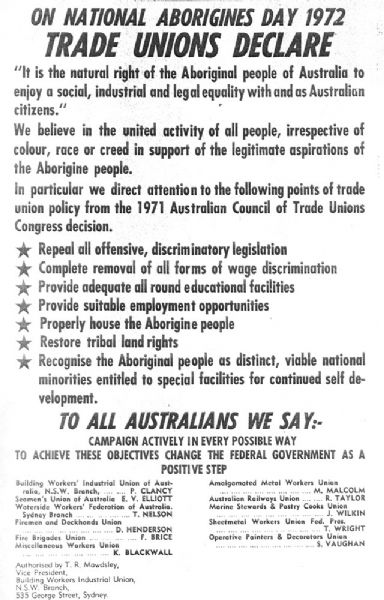 A foolscap-sized poster with the heading: On National Aborigines Day 1972 Trade Unions Declare.