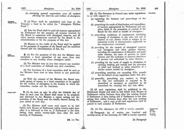 Pages 3 of 4  Aborigines Act 1957, Victoria. An Act relating to the Aboriginal Natives of Victoria, and for other purposes.  11 June 1957.