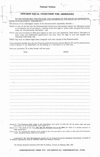 National Petition, Towards Equal Citizenship for Aborigines, 1962