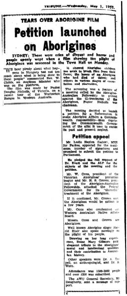 The petition was launched at a meeting in Sydney Town Hall, 1 May 1957.