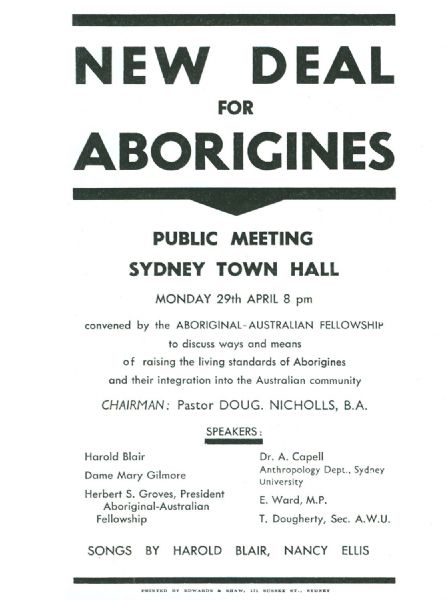 Flyer advertising the meeting in the Sydney Town Hall at which the Aboriginal-Australian Fellowship's petition was launched.