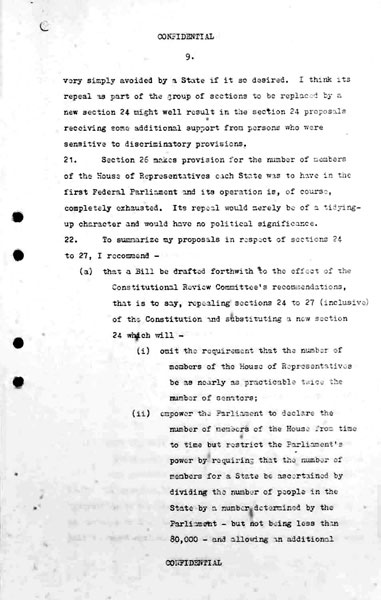 Page 9 of 18 (note pages 19-21 are related documents)  Confidential for Cabinet, Submission no. 660 Constitutional amendments: sections 24 to 27, 51 (xxvi), 127  Attorney-General Bill Snedden puts the case for the amendment of section 51 (xxvi) and the repeal of section 127 and for these changes to be put at referendum with proposed changes to the number of parliamentarians.