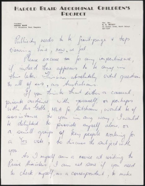 Page 3 of 4  Letter to the Prime Minister from the Public Relations Director, Harold Blair Aboriginal Children's Project, urging him to publicly support the vote YES campaign, 10 May 1967.
