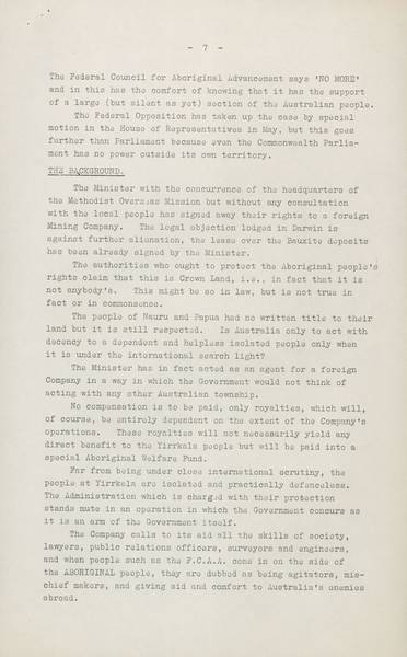Page 7 of 9  This report was prepared by Gordon Bryant, Member for Wills and Vice-President of the Federal Council for Aboriginal Advancement, and Kim Beazley senior, Member for Fremantle, following their visit to Yirrkala in July 1963.