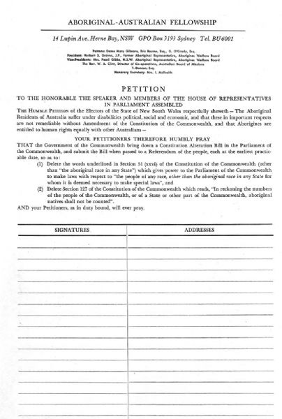 Petition Aboriginal Australian Fellowship 1957