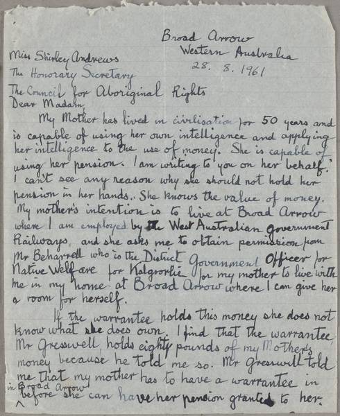 Page 1 of 2  One of many letters written by Mary Bennett to assist Aboriginal people, often illiterate, in the almost impossible task of communicating with bureaucrats who were preventing Aboriginal access to social service benefits.