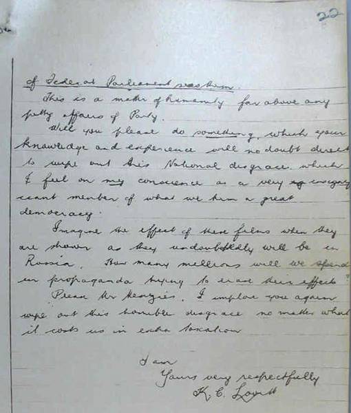 Page 2 of 2  Following the telecast of the Warburton Ranges film under the title <em>Manslaughter</em>, shocked viewers wrote letters such as this one to the Prime Minister and to their local members.