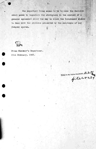 Page 2 of 2 (note pages 1-8 is a related document)  Confidential Notes on Cabinet Submissions nos. 46 and 64, Prime Minister's Department, 22 February 1967 Constitutional amendment: Aborigines