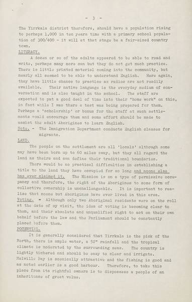 Page 3 of 9  This report was prepared by Gordon Bryant, Member for Wills and Vice-President of the Federal Council for Aboriginal Advancement, and Kim Beazley senior, Member for Fremantle, following their visit to Yirrkala in July 1963.