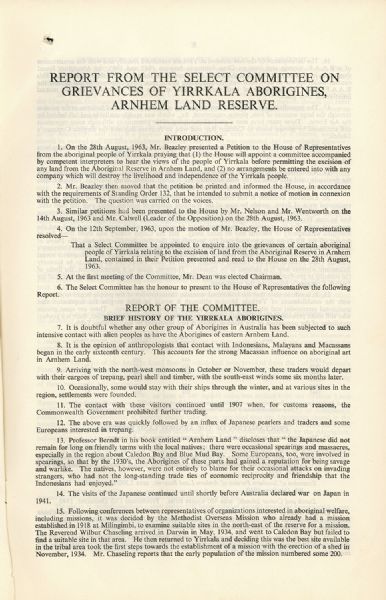 Page 4 of 10  Report of the House of Representatives Select Committee on Grievances of Yirrkala Aborigines, Arnhem Land Reserve, 1963