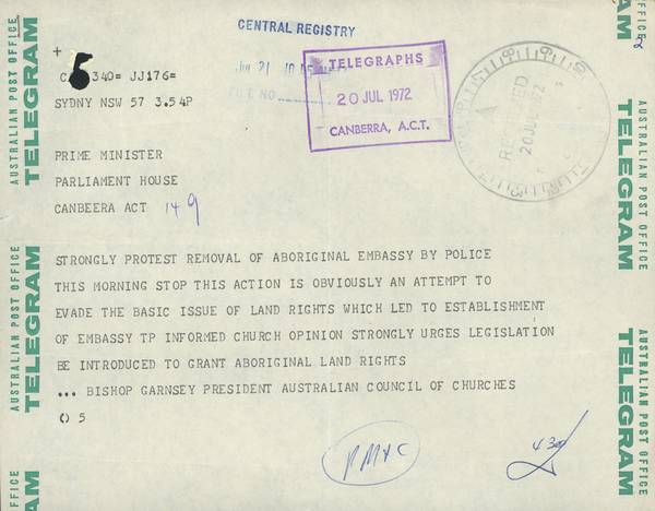 President of the Australian Council of Churches, Bishop Garnsey's telegram protesting the removal of the Aboriginal Tent Embassy and supporting Aboriginal land rights legislation.