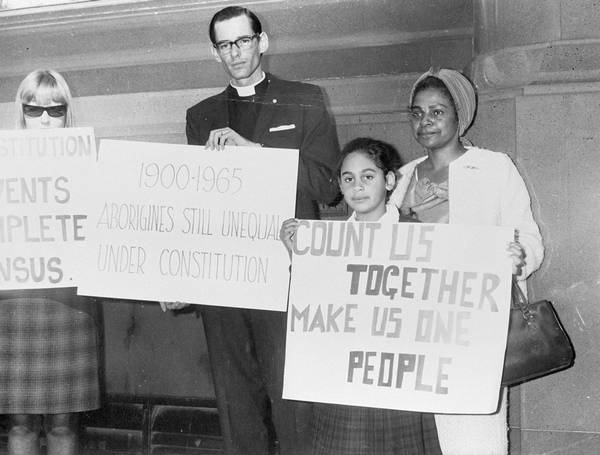 Public figures, such as Faith Bandler, religious leaders, and children featured in the campaign for a YES vote on the Aboriginal question.