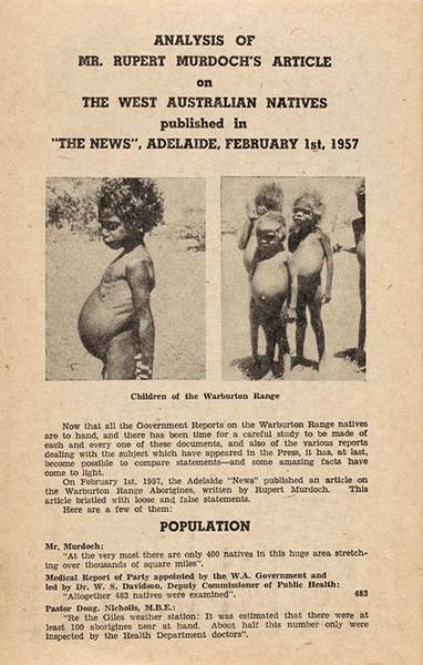 Page 1 of 6  This leaflet was produced by the Women's Christian Temperance Union to refute Rupert Murdoch's misrepresentation of conditions in the Warburton Ranges in 1957 which was published in his newspaper.