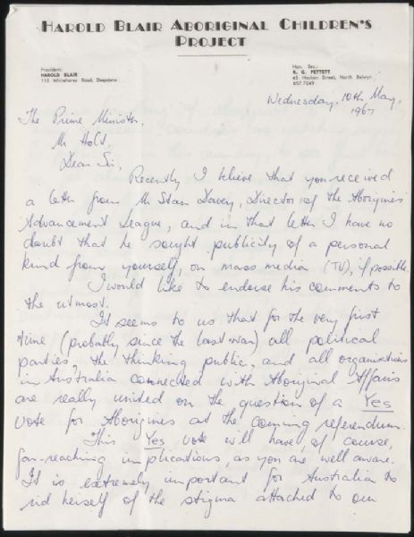 Page 1 of 4  Letter to the Prime Minister from the Public Relations Director, Harold Blair Aboriginal Children's Project, urging him to publicly support the vote YES campaign, 10 May 1967.