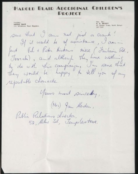 Page 4 of 4  Letter to the Prime Minister from the Public Relations Director, Harold Blair Aboriginal Children's Project, urging him to publicly support the vote YES campaign, 10 May 1967.