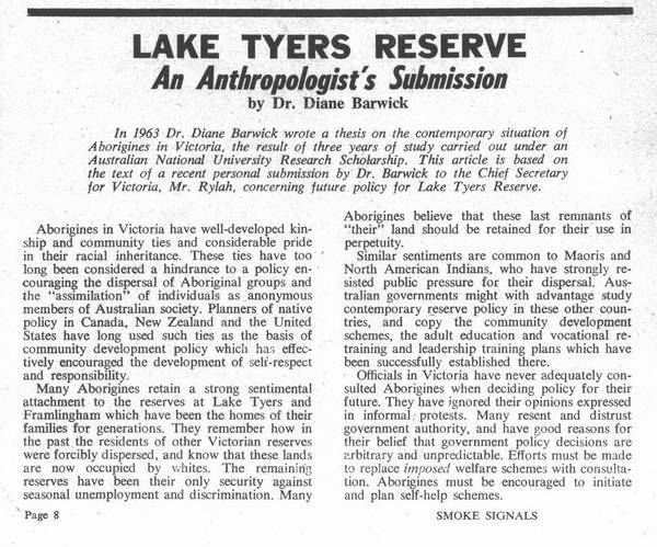 Page 1 of 2  In this article, anthropologist Dr Diane Barwick opposed the plan to move residents and sell Lake Tyers.