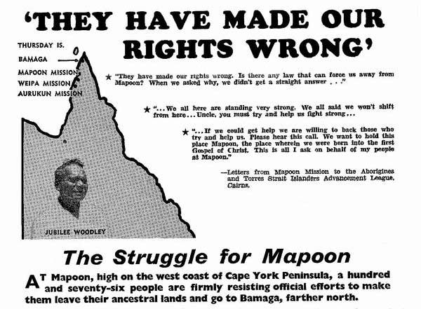 The Cairns Aboriginal and Torres Strait Islander Advancement League produced this leaflet seeking support for the Mapoon people who were under heavy pressure from the Queensland government and missionaries to leave their land.