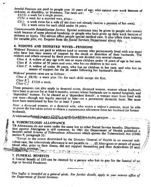 Page 4 of 4  This leaflet was written to inform Aboriginal Australians of their entitlements to social service benefits and how to access them. No Government explanation existed at the time.