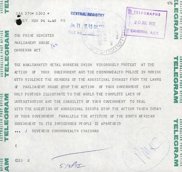 This telegram drew a parallel between the attitudes of the South African and Australian governments towards the treatment of indigenous peoples.
